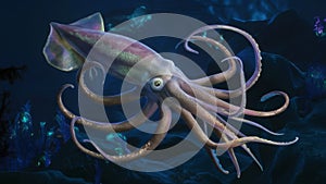 a squid swimming underwater at night