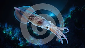 a squid swimming underwater at night