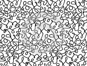 Squiggle lines seamless pattern. Pen freehand doodles, black strokes on white background. Tileable abstract vector