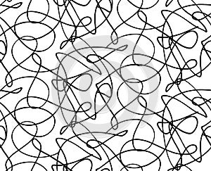 Squiggle pattern, seamless freehand texture. Random intersecting scribble lines. Doodle chaos repeated tile. Black and