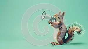 Squirrel announcing using megaphone. Notifying, warning, announcement photo