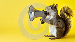 Squirrel announcing using megaphone. Notifying, warning, announcement photo