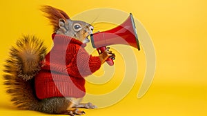 Squirrel announcing using megaphone. Notifying, warning, announcement photo