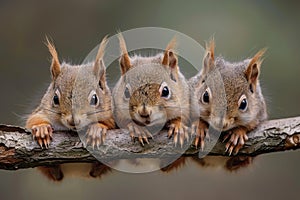 Squirrel Baby group of animals hanging out on a branch, cute, smiling, adorable Generative AI