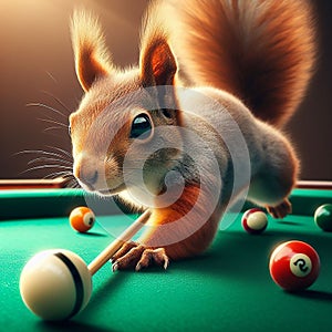 Squirrel with billiard stick playing fun billiard