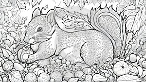 squirrel on a branch black and white, coloring book page, A cornucopia with fruits and nuts,