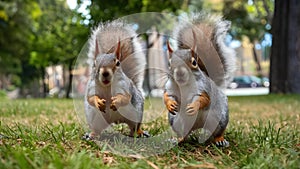 Squirrel Buddies Frolicking in Urban Oasis. Concept Wildlife Photography, Urban Nature, Animal