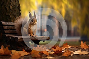 squirrel with bushy tail sitting on a park bench, leaves scattered around