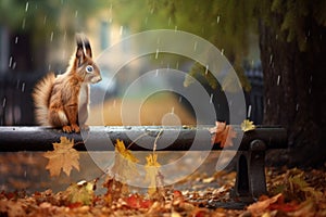 squirrel with bushy tail sitting on a park bench, leaves scattered around