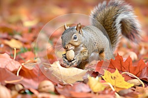 squirrel carrying a nut blend across fallen autumn leaves