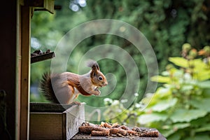 squirrel chattering at feeder, with view of back garden and woodland