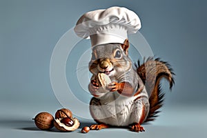 squirrel in a chef's hat cleaning nuts, isolated on a blue background