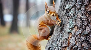 A squirrel climbing up a tree trunk in the woods, AI