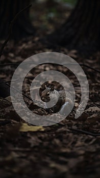 Squirrel is curled up on the forest floor, surrounded by dry leaves, giving a watchful look