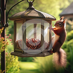 A squirrel dangles precariously from a rustic nut dispenser in an English garden