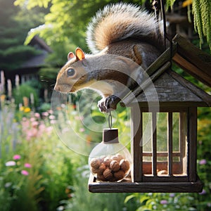 A squirrel dangles precariously from a rustic nut dispenser in an English garden