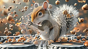 The squirrel DJ blasts upbeat music while squirrels bounce around on acorn shells making it rain nuts on the dance floor