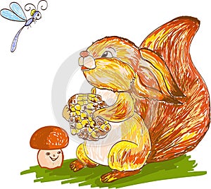 Squirrel drawn in the style of imitation of children\'s illustration for children\'s designs