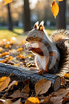 Adorable Red Squirrel Enjoying Popcorn in Autumn Park