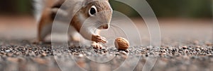 A squirrel is eating a nut on the ground
