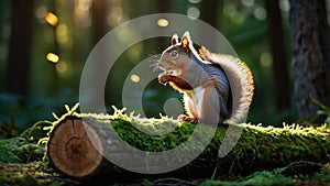 Cute Squirrel Eating Nuts on Mossy Log in a Sunny Forest Setting