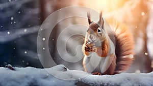 Squirrel eating nut on snow covered log in winter.