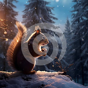 Squirrel eating nut on snow covered log in winter.