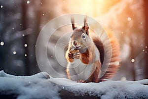Squirrel eating nut on snow covered log in winter.