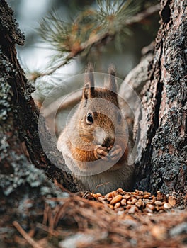 A squirrel is eating pine nuts under a tree. Generative AI.