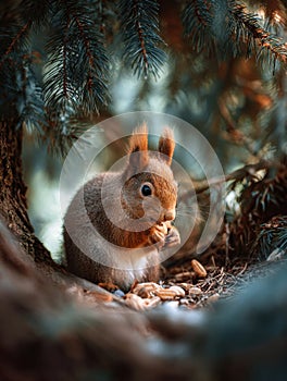 A squirrel is eating pine nuts under a tree. Generative AI.