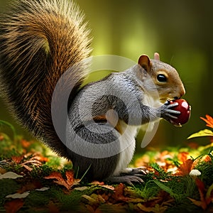 A squirrel eating a shiny berry in an autumnal forest