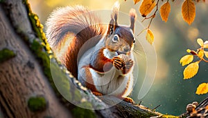 Squirrel eats a nut on a tree branch