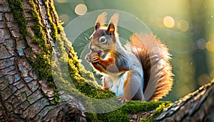 Squirrel eats a nut on a tree branch