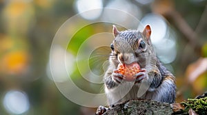 Squirrel enjoys a strawberry in a forest setting