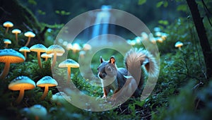 Enchanted Forest Squirrel among Glowing Mushrooms