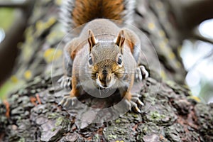 squirrel facetoface with the camera, on a tree trunk photo