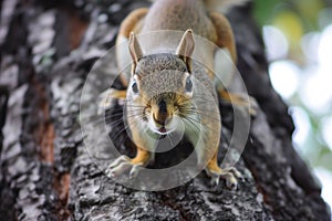 squirrel facetoface with the camera, on a tree trunk photo