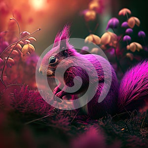Squirrel on a fairy tale morning meadow with depth of field stylized in magenta color. Background greeting card. Generative Ai