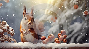 Squirrel Feasting On Acorns Amidst Snowy Backdrop