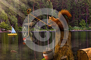 a squirrel is fishing with a stick