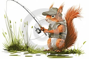 A squirrel in a fishing vest and baseball cap, standing on a grassy bank and fishing .