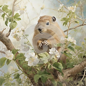 Squirrel In Flowering Branches: A Hyperrealistic Landscape Inspired By Mark Lovett And Mandy Disher photo