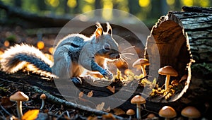 Adorable Squirrel Foraging Mushrooms in Autumn Forest