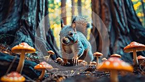 Enchanted Forest Squirrel Among Mushrooms