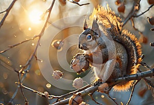 squirrel gathering nutsa squirrel perched on a branch bathed in photo