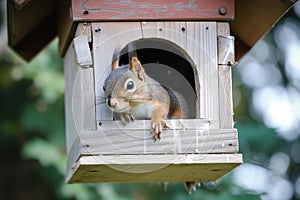 squirrel hanging halfway out of a hole in a birdhouse