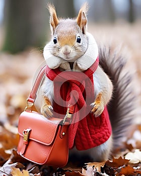 squirrel hat drink coffe in autumn forest