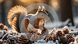 Adorable Red Squirrel Gathering Pine Cones in Snowy Winter