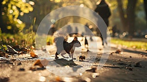 A squirrel and its cubs are running along a path in the park. Silhouettes of people