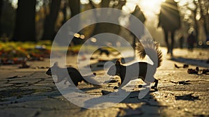 A squirrel and its cubs are running along a path in the park. Silhouettes of people